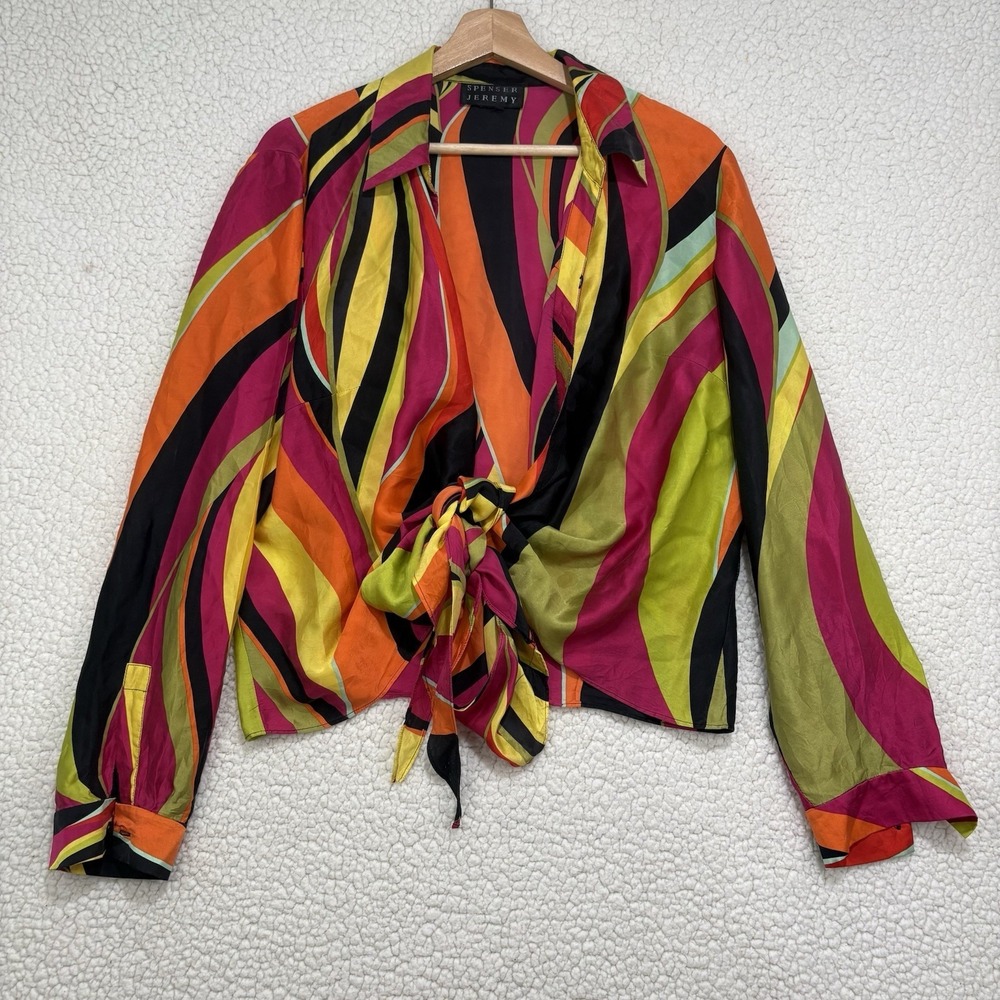 Vtg 100% Silk Colorful Wrap Blouse Womens Long Sleeve Tie Waist Lightweight Top